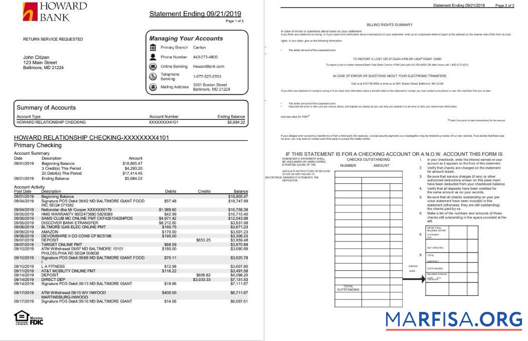 Printable USA Maryland Howard Personal proof of address bank statement word (4 pages) example